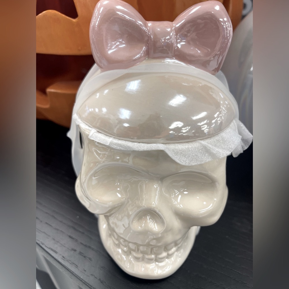 Halloween Skull Skeleton w/ Pink Bow Canister Jar w/Lid Ceramic Coquette 🎀 💀NWT